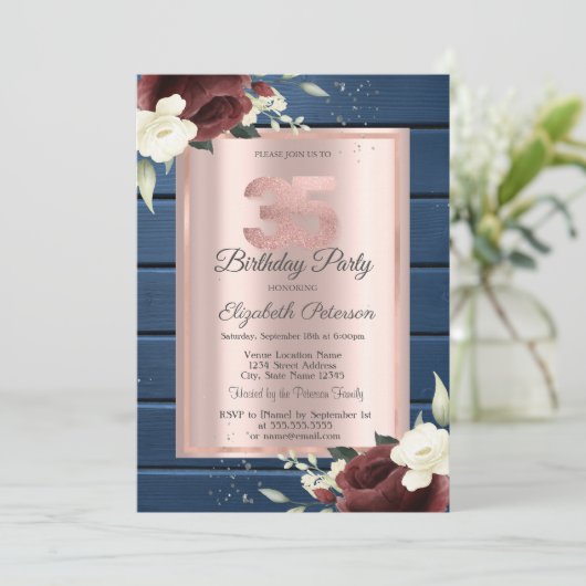 Bourgogne Rozen, Blauw Hout Roos Goud 35e Verjaard Kaart (Staand voorkant)