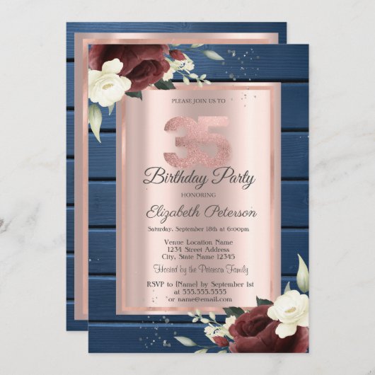 Bourgogne Rozen, Blauw Hout Roos Goud 35e Verjaard Kaart (Voorkant / Achterkant)