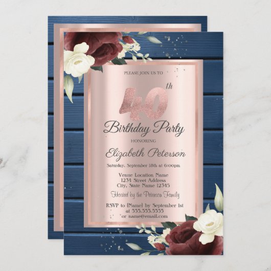 Bourgogne Rozen, Blauw Hout Roos Goud 40e Verjaard Kaart (Voorkant / Achterkant)