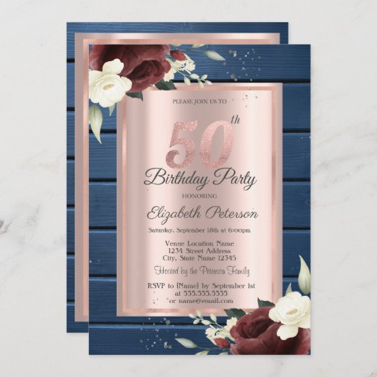 Bourgogne Rozen, Blauw Hout Roos Goud 50e Verjaard Kaart (Voorkant / Achterkant)