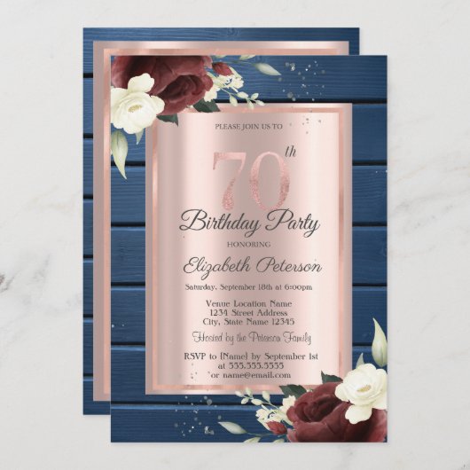 Bourgogne Rozen, Blauw Hout Roos Goud 70e Verjaard Kaart (Voorkant / Achterkant)