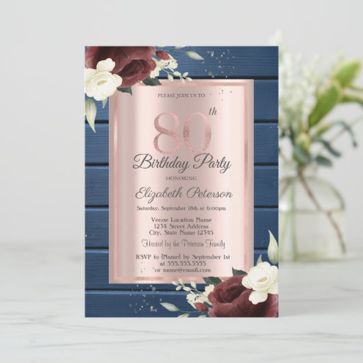 Bourgogne Rozen, Blauw Hout Roos Goud 80e Verjaard Kaart (Staand voorkant)