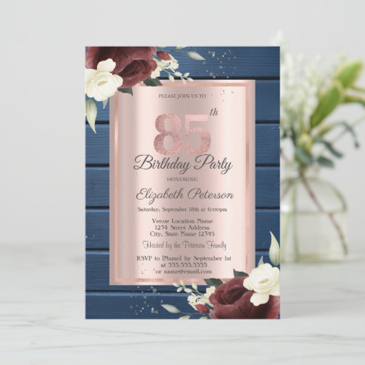 Bourgogne Rozen, Blauw Hout Roos Goud 85e Verjaard Kaart (Staand voorkant)