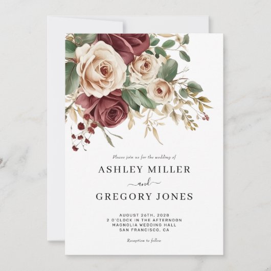 Bourgogne Rozen Bloemenbruiloft Uitnodiging (Voorkant)