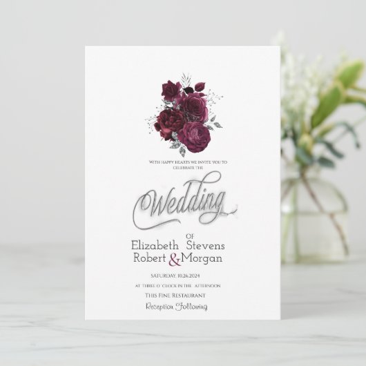 Bourgogne Rozen bruiloft uitnodiging (Staand voorkant)