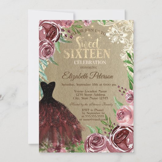 Bourgogne Rozen, Dress, Licht, Lace Sweet 16 Party Kaart (Voorkant)