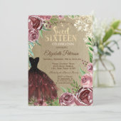 Bourgogne Rozen, Dress, Licht, Lace Sweet 16 Party Kaart (Staand voorkant)