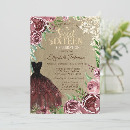 Bourgogne Rozen, Dress, Licht, Lace Sweet 16 Party Kaart (Staand voorkant)