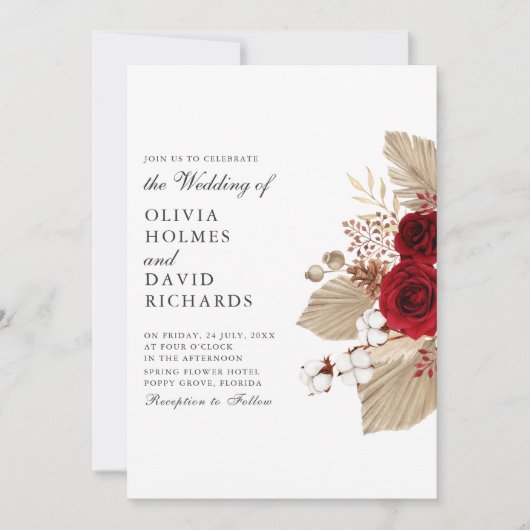 Bourgogne Rozen en Cotton Flowers Bruiloft Kaart (Voorkant)