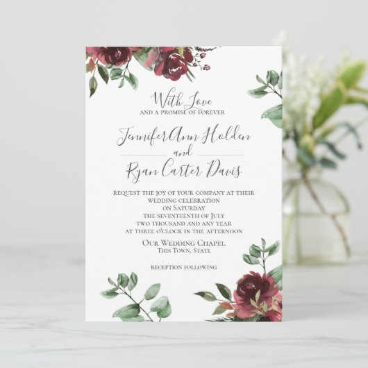 Bourgogne Rozen en Eucalyptus Wedding Kaart (Staand voorkant)