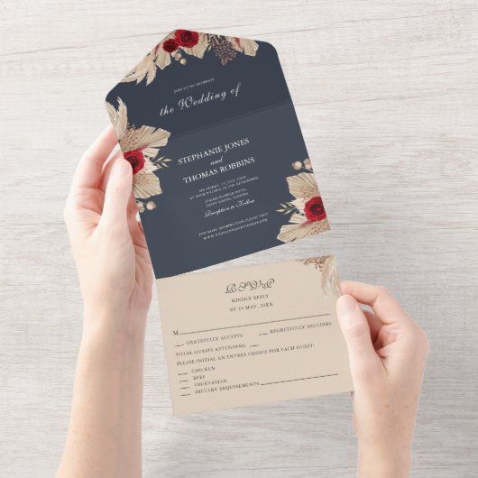Bourgogne Rozen en Pampas Grass All in One Invite Uitnodiging (Afscheurbaar)