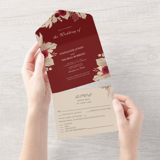 Bourgogne Rozen en Pampas Grass All in One Invite Uitnodiging (Afscheurbaar)