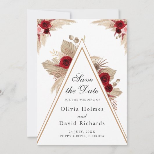 Bourgogne Rozen en Pampas Grass Save the Date Kaar (Voorkant)