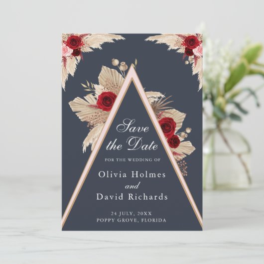 Bourgogne Rozen en Pampas Grass Save the Date Kaar (Staand voorkant)