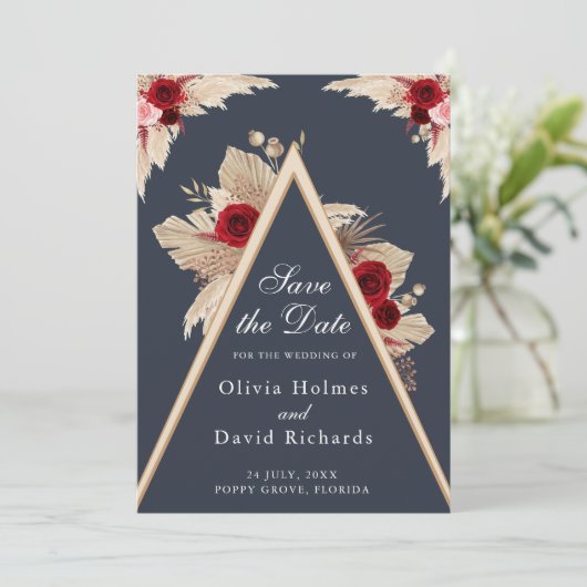 Bourgogne Rozen en Pampas Grass Save the Date Kaar (Staand voorkant)