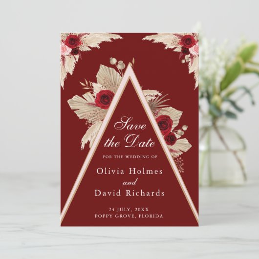 Bourgogne Rozen en Pampas Grass Save the Date Kaar (Staand voorkant)