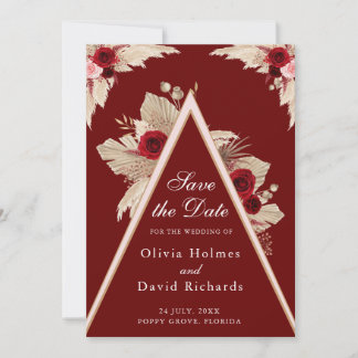 Bourgogne Rozen en Pampas Grass Save the Date Kaar