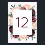Bourgogne Rozen Peach Peony Tafel Aantal Kaarten<br><div class="desc">Deze huwelijkstafelnummers zijn voorzien van waterverf rozen en pioenen met loof. De voor- en achterkant van de kaarten hebben hetzelfde ontwerp. Voer uw tabelnummer in en klik voor elk tabelnummer op "Toevoegen aan winkelwagentje". Deze trouwtafel nummerkaarten maken deel uit van een collectie dat een volledig assortiment van bijpassende bruiloft briefpapier...</div>