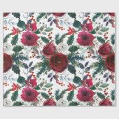Bourgogne Rozen, Pine, Holly KerstFloral Cadeaupapier (Vlak)