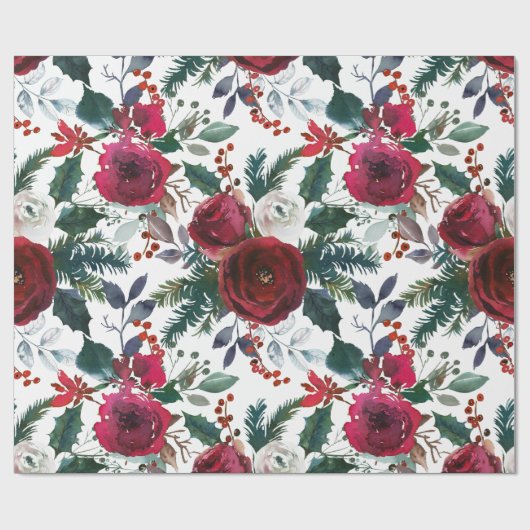 Bourgogne Rozen, Pine, Holly KerstFloral Cadeaupapier (Vlak)