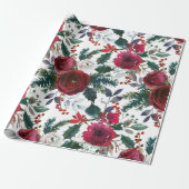 Bourgogne Rozen, Pine, Holly KerstFloral Cadeaupapier (Uitgerold)