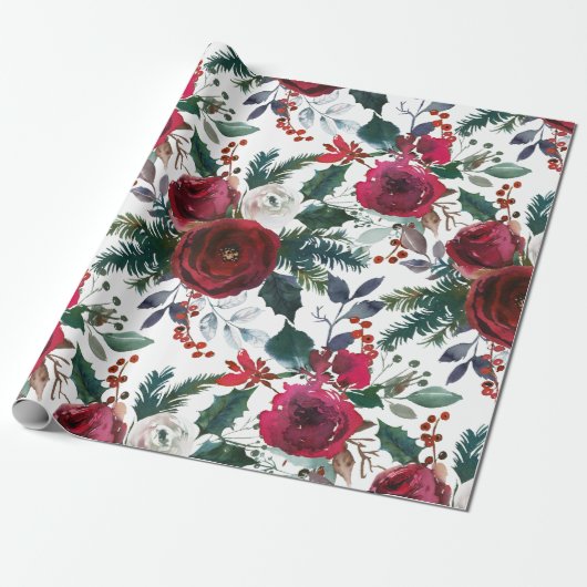 Bourgogne Rozen, Pine, Holly KerstFloral Cadeaupapier (Uitgerold)