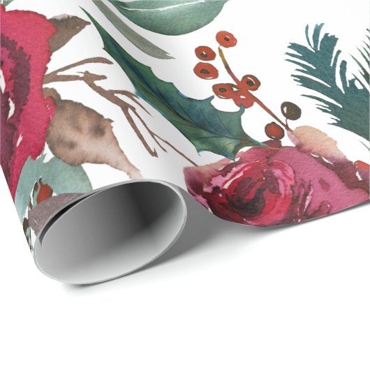 Bourgogne Rozen, Pine, Holly KerstFloral Cadeaupapier (Rol Hoek)