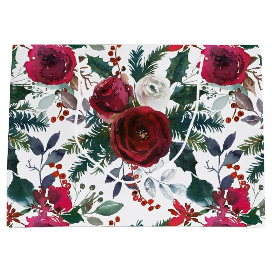 Bourgogne Rozen, Pine, Holly KerstFloral Groot Cadeauzakje (Voorkant)