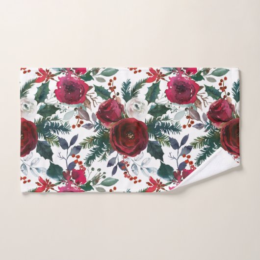 Bourgogne Rozen, Pine, Holly KerstFloral Handdoek (Handdoek)