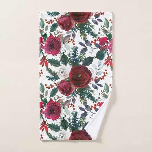 Bourgogne Rozen, Pine, Holly KerstFloral Handdoek (Handdoek)