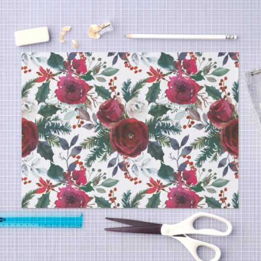 Bourgogne Rozen, Pine, Holly KerstFloral Tissuepapier (Craft)