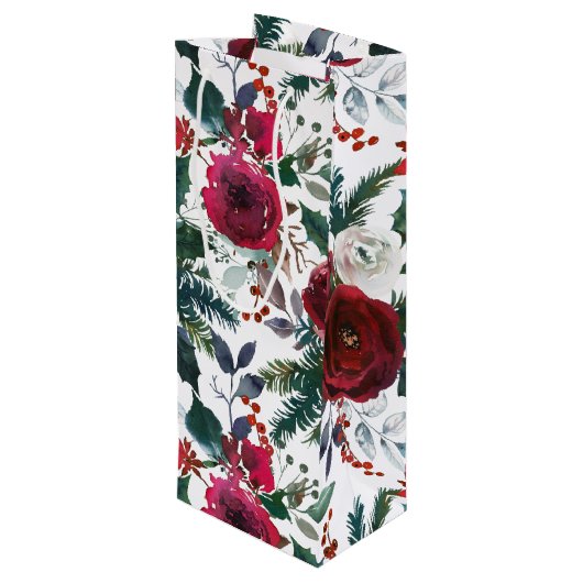 Bourgogne Rozen, Pine, Holly KerstFloral Wijn Cadeautas (Achterkant Gekanteld)