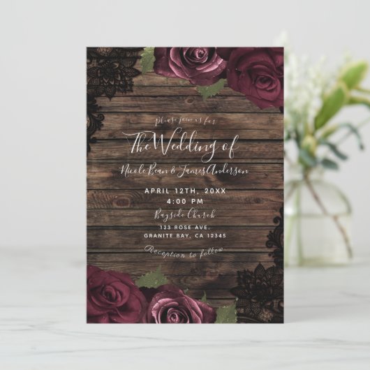 Bourgogne Rozen Rustic Wood Black Weddenschap Kaart (Staand voorkant)