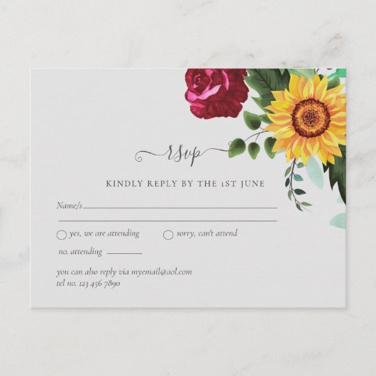 Bourgogne Rozen Sunflower Weddenschap RSVP Briefkaart (Voorkant)