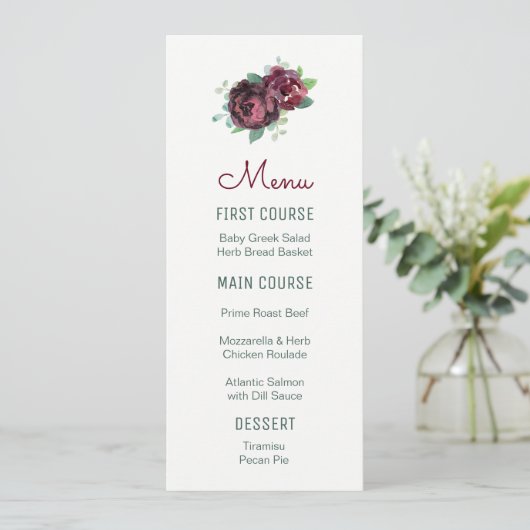 Bourgogne Rozen Waterverf Bloemenmenu's Menu (Staand voorkant)