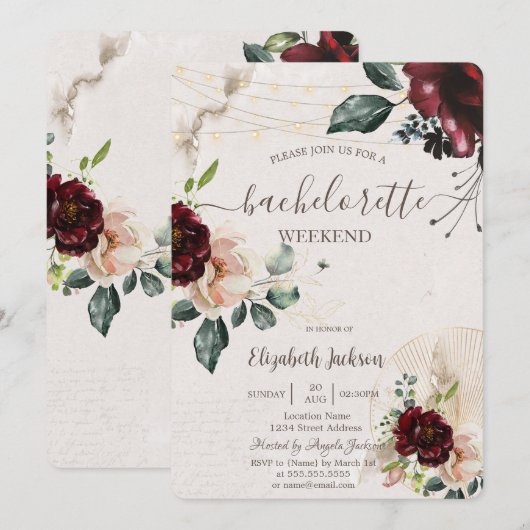 Bourgogne Rozen, wijnglas, Bachelorette Party Kaart (Voorkant / Achterkant)