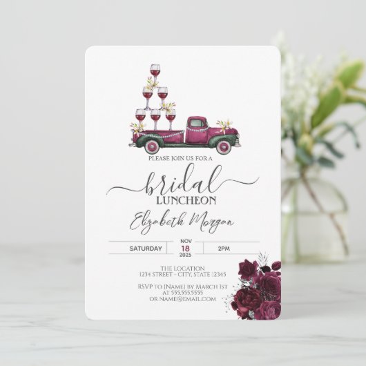 Bourgogne Rozen Wijnwagen Bruidslunch Kaart (Staand voorkant)