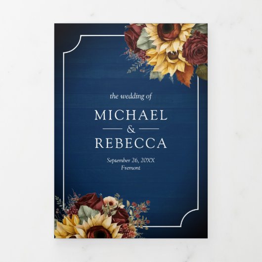 Bourgogne Rozen Zonnebloem Marine Blauw QR Code Br Drieluik Uitnodiging (Cover)