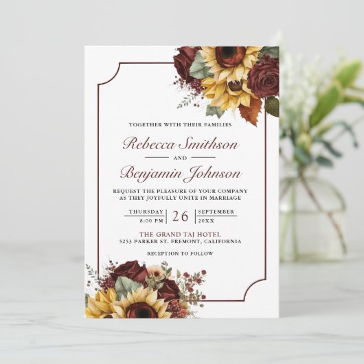 Bourgogne Rozen Zonnebloemen Foto QR Code Bruiloft Kaart (Staand voorkant)