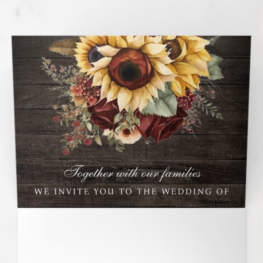 Bourgogne Rozen Zonnebloemen Hood QR Code Weddensc Drieluik Uitnodiging (Binnenzijde eerst)