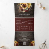 Bourgogne Rozen Zonnebloemen Hood QR Code Weddensc Drieluik Uitnodiging (Binnen)
