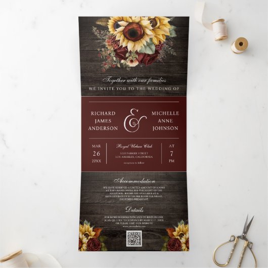 Bourgogne Rozen Zonnebloemen Hood QR Code Weddensc Drieluik Uitnodiging (Binnen)