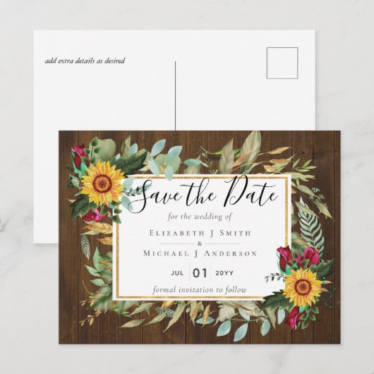 Bourgogne Rozen Zonnebloemen sparen Verandering va Briefkaart (Voorkant / Achterkant)