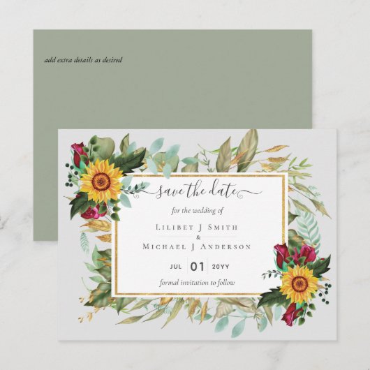 Bourgogne Rozen Zonnebloemen sparen Verandering va Briefkaart (Voorkant / Achterkant)