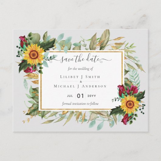 Bourgogne Rozen Zonnebloemen sparen Verandering va Briefkaart (Voorkant)