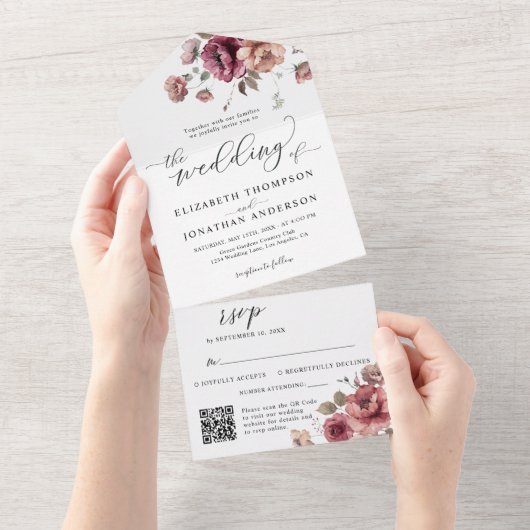 Bourgogne Russet Floral bruiloft details QR RSVP All In One Uitnodiging (Afscheurbaar)