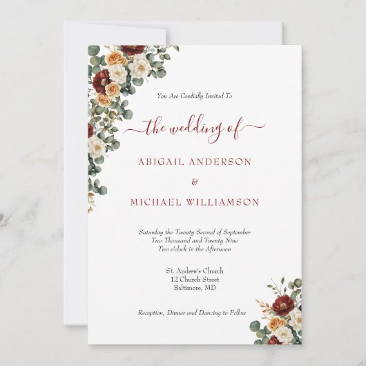 Bourgogne Rust Cream Floral Elegant Wedding Kaart (Voorkant)