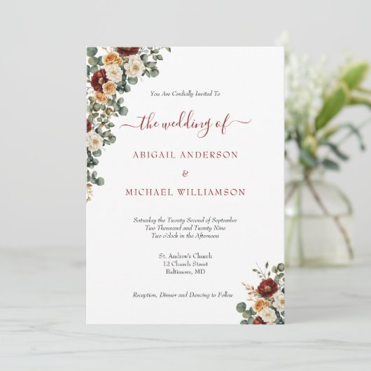 Bourgogne Rust Cream Floral Elegant Wedding Kaart (Staand voorkant)