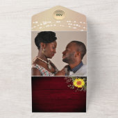 Bourgogne Rustic String Lights Zonnebloem Huwelijk All In One Uitnodiging (Buitenkant)