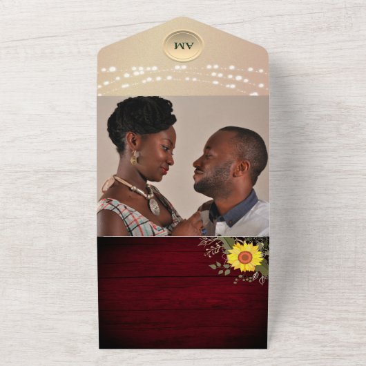 Bourgogne Rustic String Lights Zonnebloem Huwelijk All In One Uitnodiging (Buitenkant)